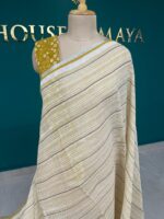 Beige Linen Saree with Mustard Border and Woven Stripes - Image 3