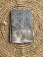 Grey Crush Organza Saree with Multicolor Butta Weaves and Silver Border
