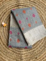 Grey Crush Organza Saree with Multicolor Butta Weaves and Silver Border - Image 2