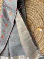 Grey Crush Organza Saree with Multicolor Butta Weaves and Silver Border - Image 3