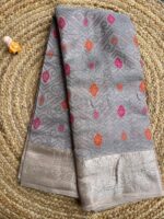 Grey Crush Organza Saree with Silver Zari Border and Multicolor Butta Weaves - Image 2