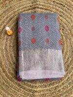 Grey Crush Organza Saree with Multicolor Buttas and Silver Zari Border