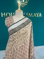 Beige Linen Cotton Saree with Traditional Block Print Design - Image 3