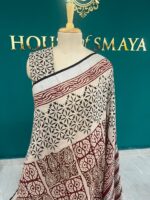 Beige and Maroon Linen Cotton Saree with Geometric Block Print - Image 2