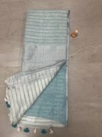 Aqua Blue and White Linen Saree with Silver Border and Tassel Detailing - Image 2