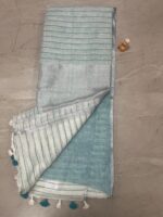 Aqua Blue and White Linen Saree with Silver Border and Tassel Detailing