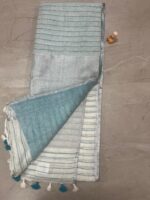 Aqua Blue and White Linen Saree with Silver Border and Tassel Detailing - Image 3