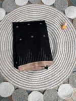 Black Linen Saree with Beige Threadwork and Minimal Zari Border - Image 4