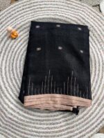 Black Linen Saree with Beige Threadwork and Minimal Zari Border