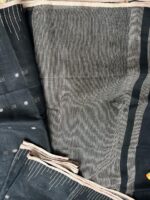 Black Linen Saree with Beige Threadwork and Minimal Zari Border - Image 2