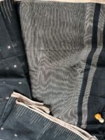 Black Linen Saree with Beige Threadwork and Minimal Zari Border - Image 3