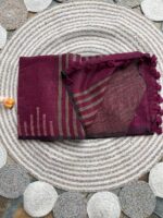 Wine Linen Saree with Golden Threadwork and Tassel Detailing - Image 2