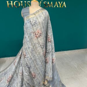 Grey Cotton Silk Saree with Floral Print and Gold Zari Border