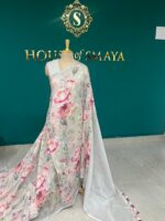 White Linen Saree with Pink Floral Digital Print – House of Smaya - Image 2