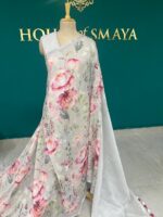 White Linen Saree with Pink Floral Digital Print – House of Smaya
