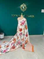 Off-White Linen Saree with Vibrant Orange & Pink Floral Print – House of Smaya - Image 3