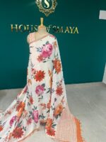Off-White Linen Saree with Vibrant Orange & Pink Floral Print – House of Smaya