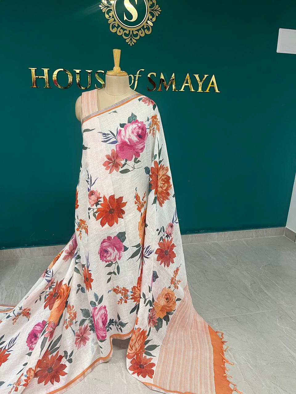 WhatsApp Image 2025-10-08 at 5.59.44 PM(4) Off-White Linen Saree with Vibrant Orange & Pink Floral Print – House of Smaya - Image 1