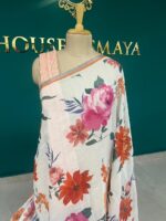 Off-White Linen Saree with Vibrant Orange & Pink Floral Print – House of Smaya - Image 2