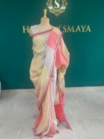 Multicolor Striped Linen Saree with Subtle Red and Yellow Accents – House of Smaya