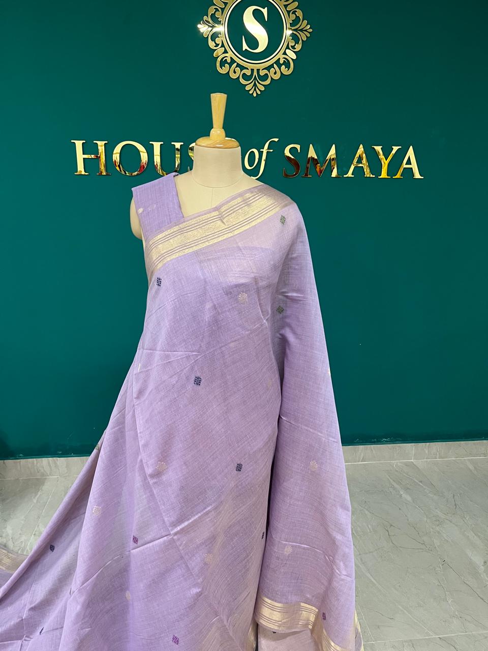 WhatsApp Image 2025-10-11 at 12.28.46 PM(4) Lavender Cotton Silk Saree with Zari Border and Thread Buttas – House of Smaya - Image 1