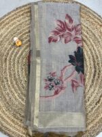 Taupe Cotton Silk Saree with Elegant Floral Weave and Golden Border – House of Smaya - Image 2