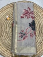 Taupe Cotton Silk Saree with Elegant Floral Weave and Golden Border – House of Smaya