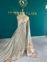 Sage Grey Tussar Silk Saree with Floral Print and Subtle Embroidery – House of Smaya