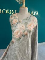 Sage Grey Tussar Silk Saree with Floral Print and Subtle Embroidery – House of Smaya - Image 2