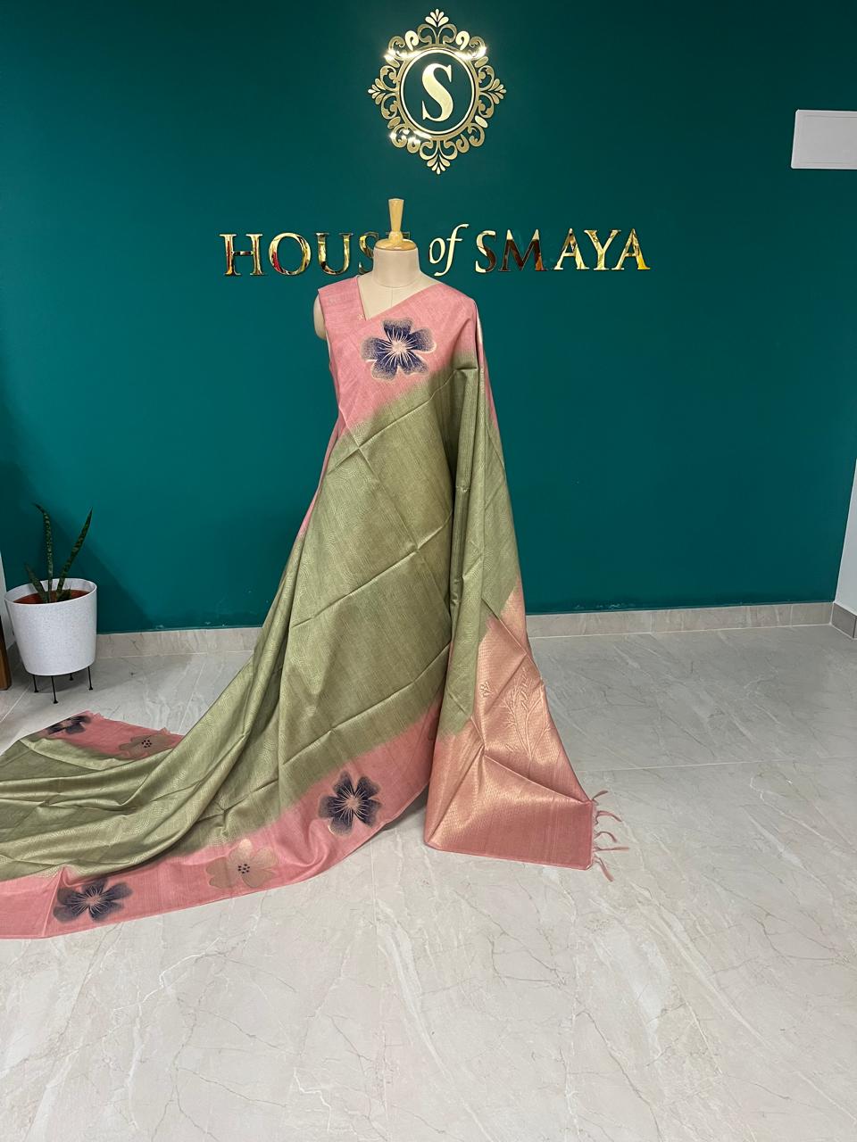 WhatsApp Image 2025-10-11 at 12.32.16 PM Dual-Tone Pink & Olive Cotton Silk Saree with Floral Motifs – House of Smaya - Image 1