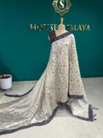 Ivory Cotton Silk Saree with Navy Blue Block Print Border – House of Smaya