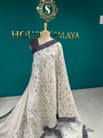 Ivory Cotton Silk Saree with Navy Blue Block Print Border – House of Smaya - Image 3