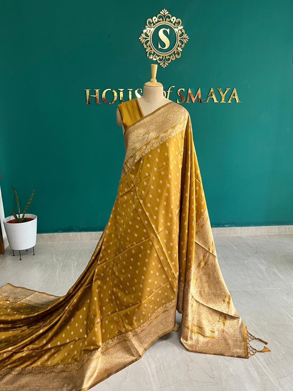 WhatsApp Image 2025-10-13 at 2.54.54 PM Mustard Gold Semi Banarasi Silk Saree with Intricate Zari Weaving – House of Smaya - Image 1