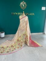 Pastel Yellow & Beige Linen Saree with Floral Embroidery – House of Smaya - Image 2