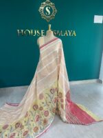 Pastel Yellow & Beige Linen Saree with Floral Embroidery – House of Smaya