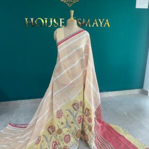 Pastel Yellow & Beige Linen Saree with Floral Embroidery – House of Smaya