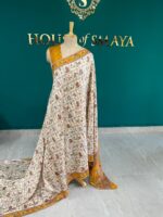 Ivory Malai Silk Saree with Traditional Madhubani Print & Mustard Border – House of Smaya