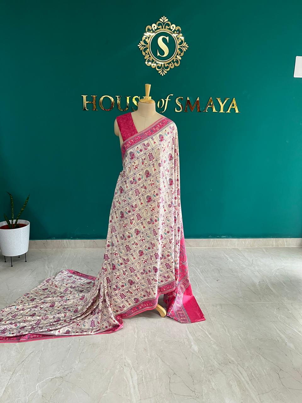 WhatsApp Image 2025-10-15 at 12.27.26 PM Ivory Malai Silk Saree with Rani Pink Madhubani Print Border – House of Smaya - Image 1