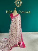 Ivory Malai Silk Saree with Rani Pink Madhubani Print Border – House of Smaya - Image 3