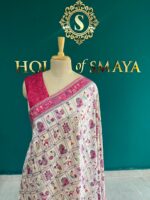 Ivory Malai Silk Saree with Rani Pink Madhubani Print Border – House of Smaya - Image 2