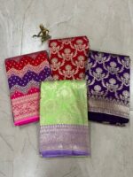 Pure Katan Silk Banarasi Saree – Lime Green with Royal Purple Zari Border - Image 3
