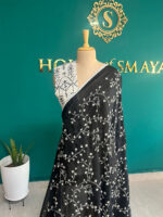 Black Pure Mul Cotton Floral Embroidered Saree - Image 2