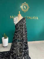 Black Pure Mul Cotton Floral Embroidered Saree - Image 3