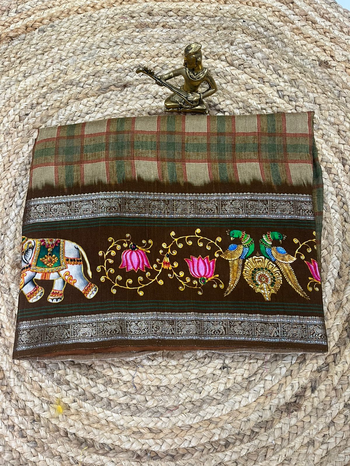 WhatsApp Image 2026-01-22 at 6.32.33 PM Earthy Brown Tussar Silk Saree with Digital Tanjore Motif Border - Image 1