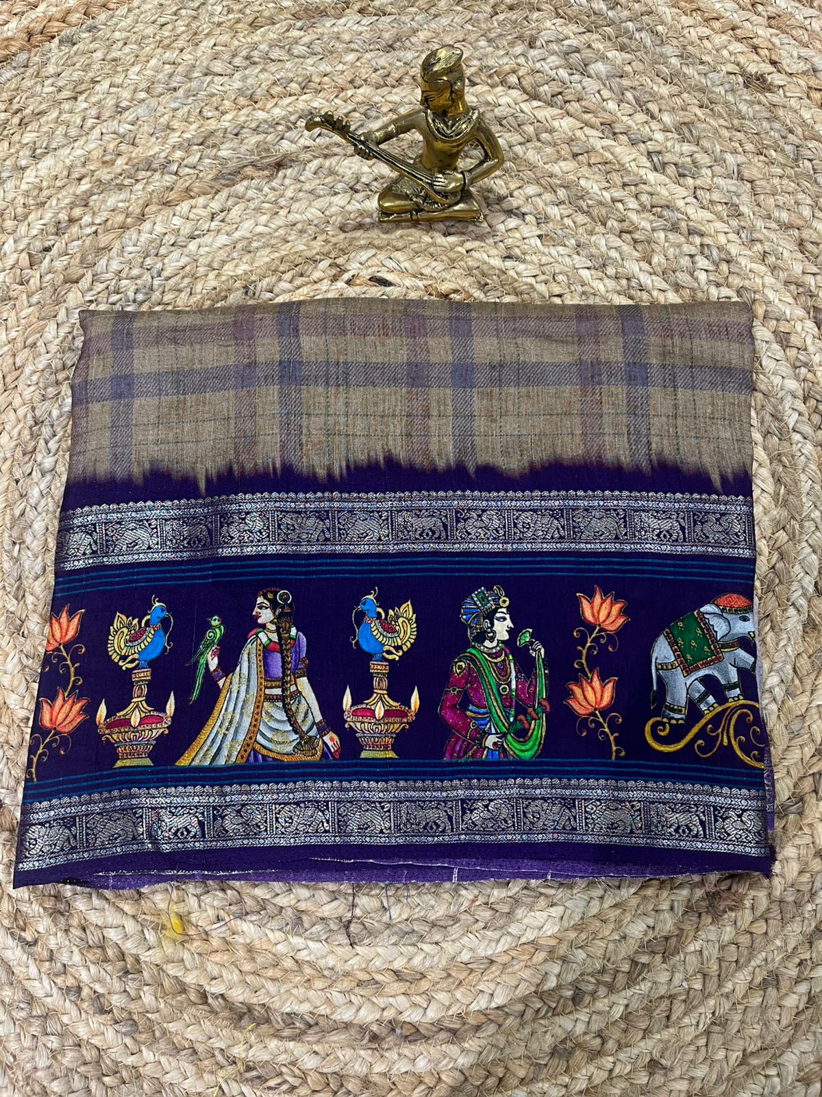 WhatsApp Image 2026-01-22 at 6.32.34 PM (2) Indigo Grey Tussar Silk Saree with Digital Tanjore Story Art - Image 1