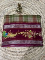 Maroon Green Tussar Silk Saree with Digital Tanjore Peacock Art