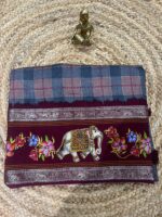 Steel Blue Tussar Silk Saree with Digital Tanjore Elephant Motif - Image 2