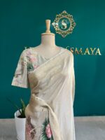 Ivory Tissue Saree with Handcrafted Bird Motif Blouse - Image 3