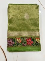Olive Green Pure Tissue Silk Saree with Paithani Floral Border - Image 2