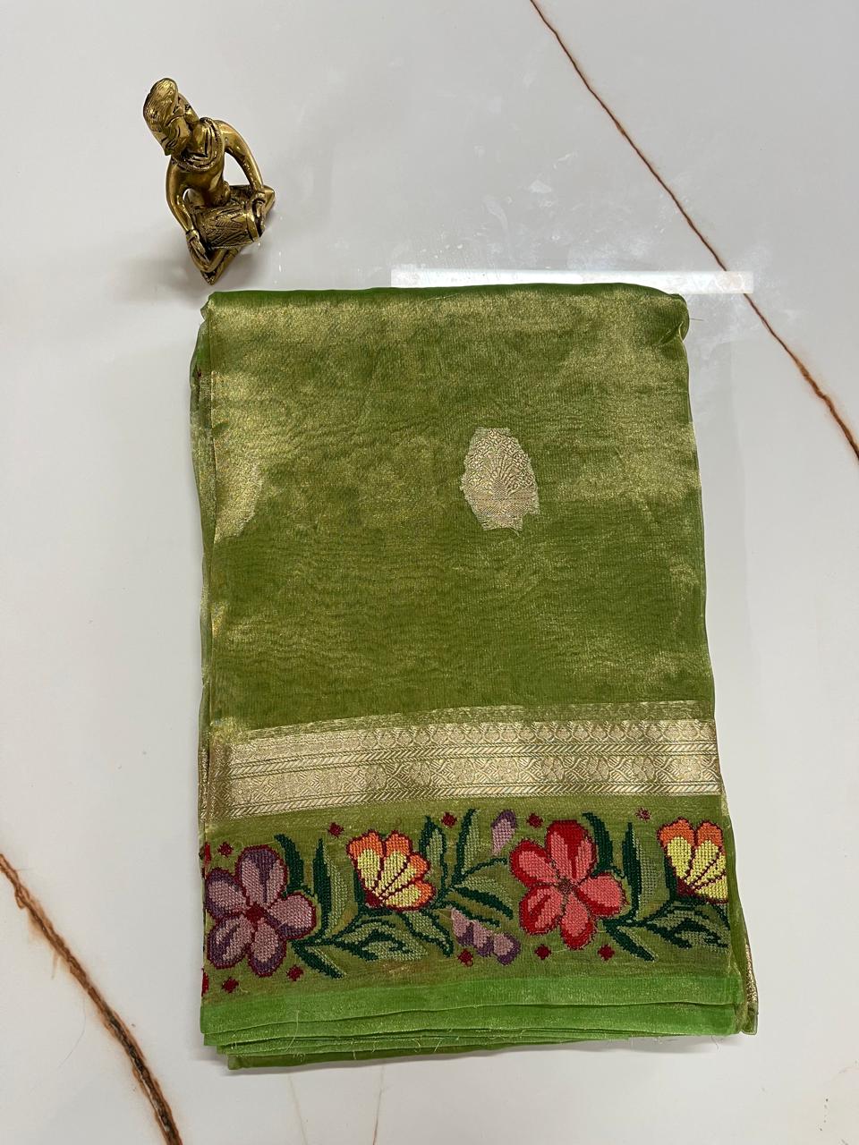 WhatsApp Image 2026-01-23 at 1.18.03 PM (2) Olive Green Pure Tissue Silk Saree with Paithani Floral Border - Image 1